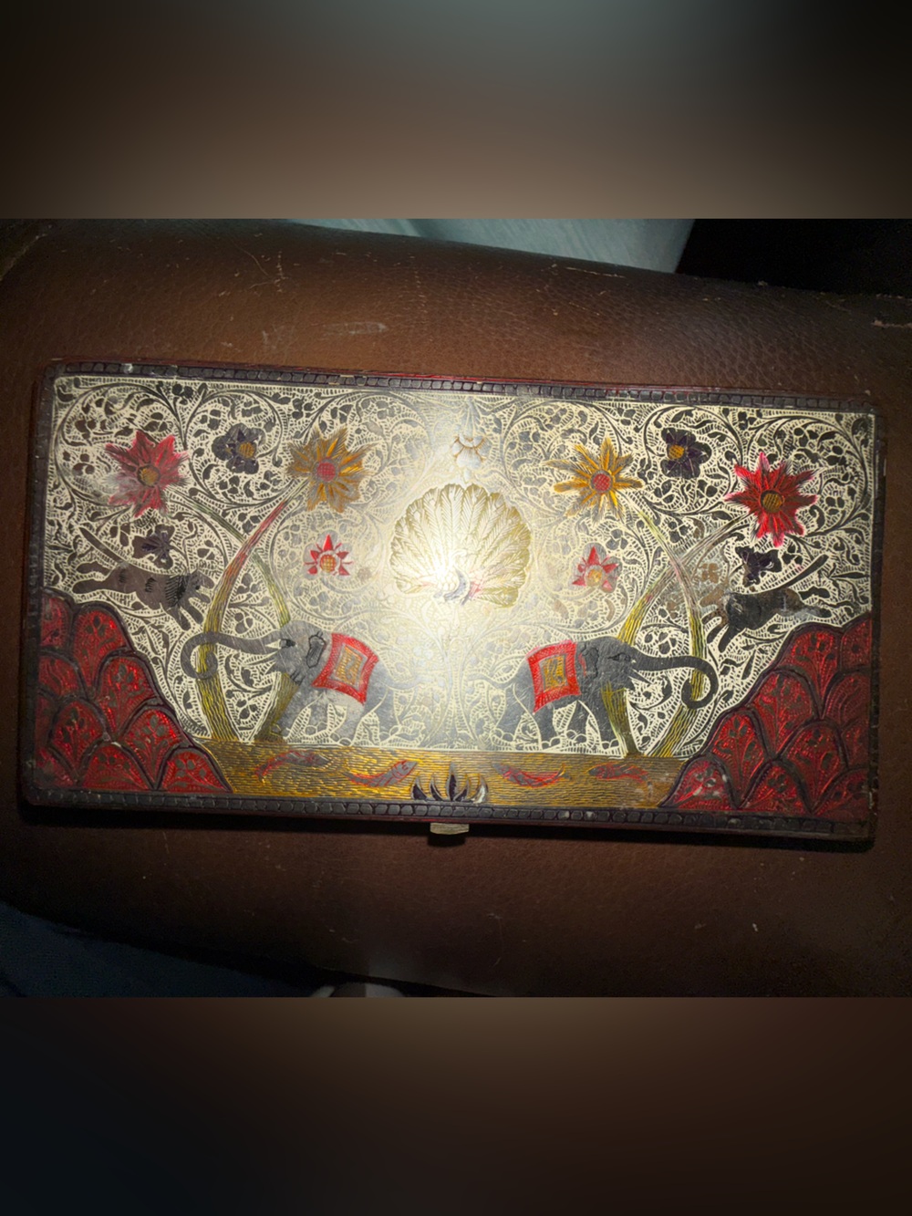 Vintage Asian style Elephant Peacock Vanity/Cigarette case 1940s 50s